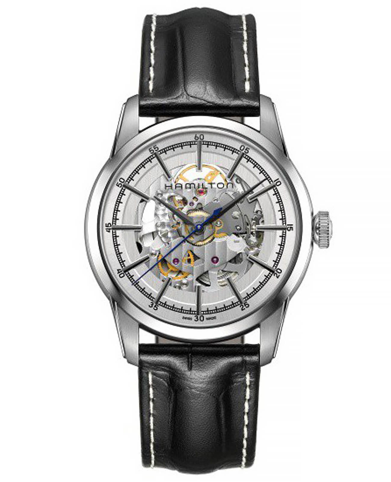 Hamilton Hamilton American Classic RailRoad Skeleton Auto H40655751  H40655751 механические мужские часы белый циферблат, браслет кожаный — вид спереди